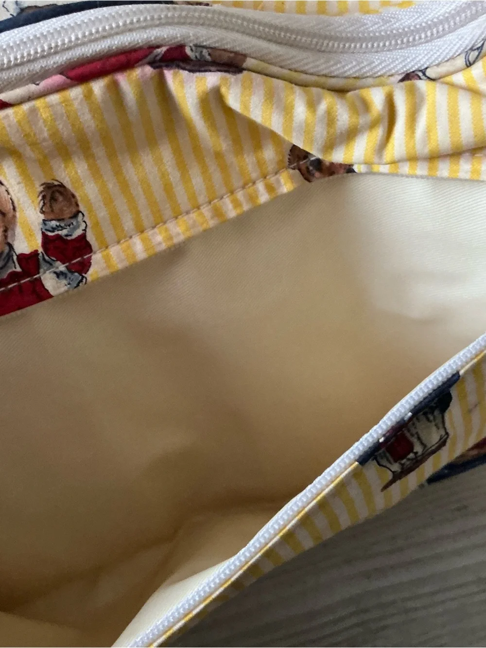 Vintage Ralph Lauren Polo Bear cosmetic travel bag yellow white pinstriped